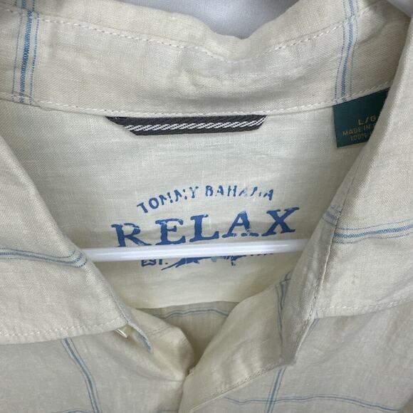 Tommy Bahama Relax Mens Large Linen Blue Button Up Shirt Window Pane - Picture 3 of 12